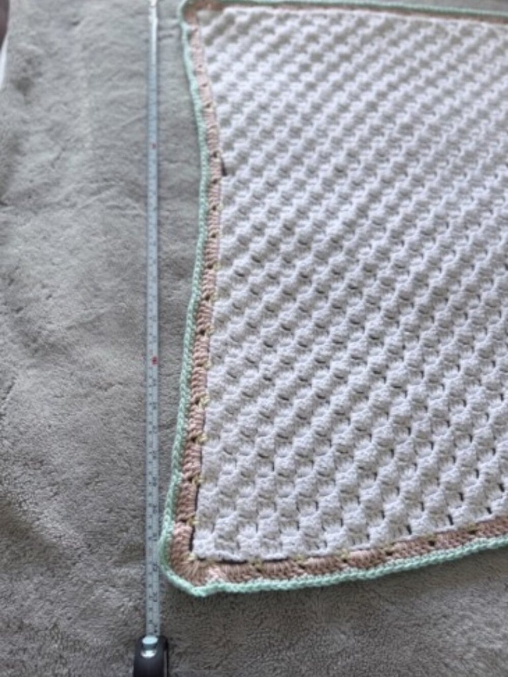 Handmade Crochet Baby Blanket | White with Pastel Scalloped Border 32x47"
